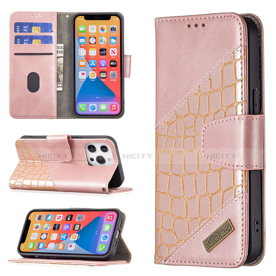 Funda de Cuero Cartera con Soporte Patron de Moda Carcasa L05 para Apple iPhone 13 Pro Max Oro Rosa