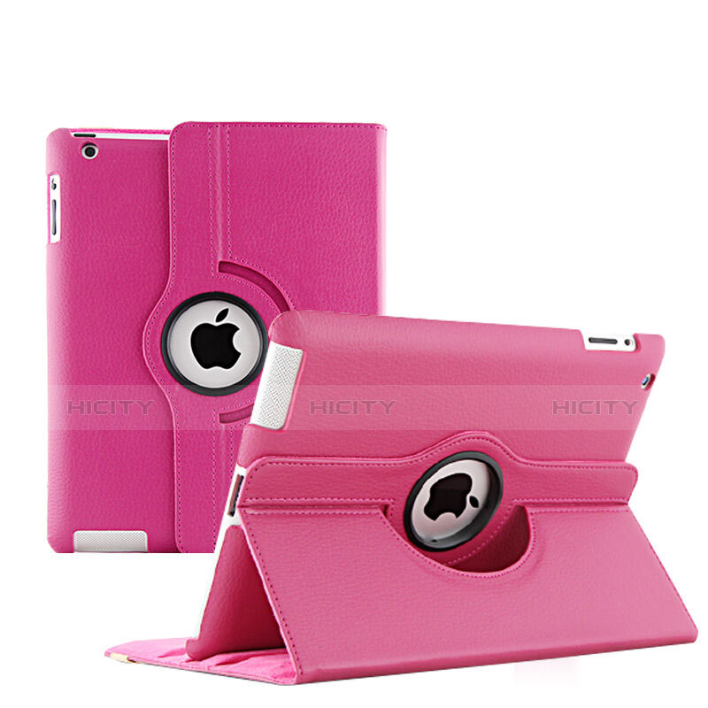 Funda de Cuero Giratoria con Soporte para Apple iPad 3 Rosa Roja