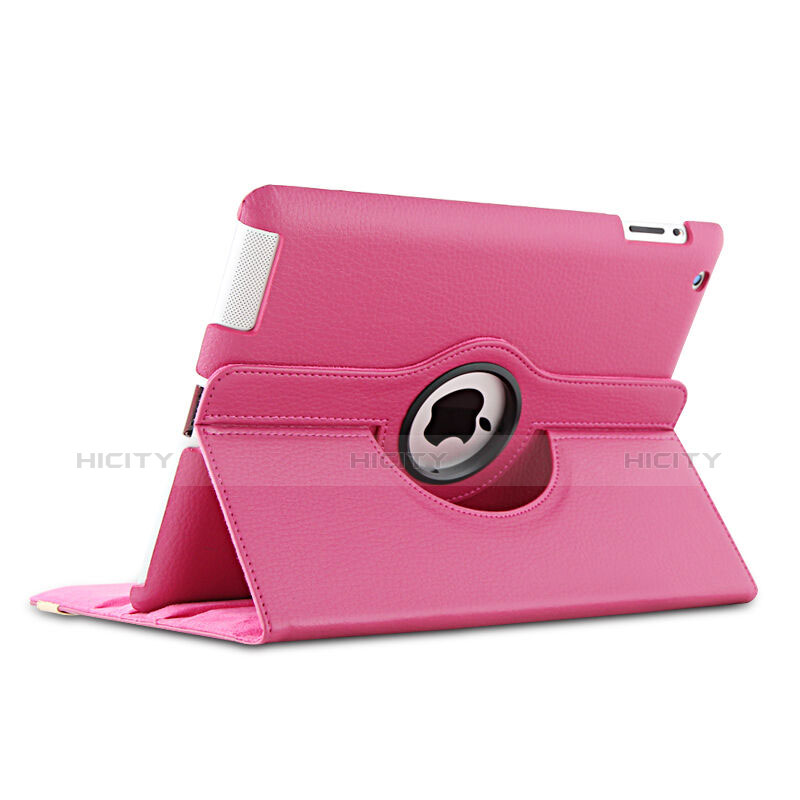 Funda de Cuero Giratoria con Soporte para Apple iPad 3 Rosa Roja