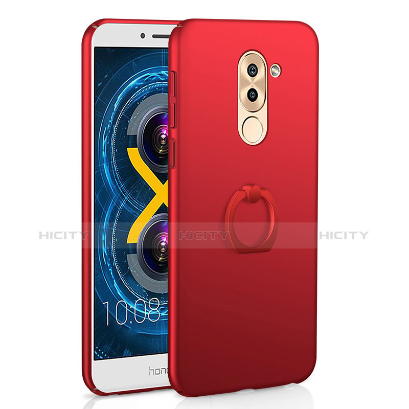 Funda Dura Plastico Rigida Carcasa Mate con Anillo de dedo Soporte A02 para Huawei Honor 6X Pro Rojo