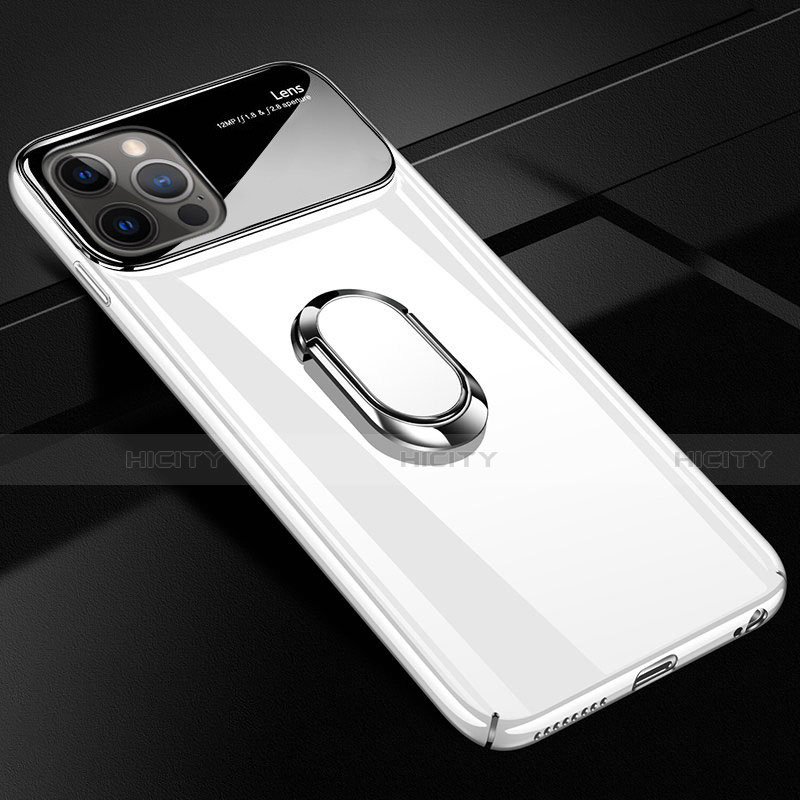 Funda Dura Plastico Rigida Carcasa Mate con Magnetico Anillo de dedo Soporte A01 para Apple iPhone 12 Pro Blanco