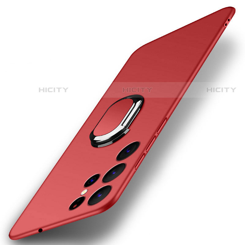 Funda Dura Plastico Rigida Carcasa Mate con Magnetico Anillo de dedo Soporte A01 para Samsung Galaxy S21 Ultra 5G Rojo
