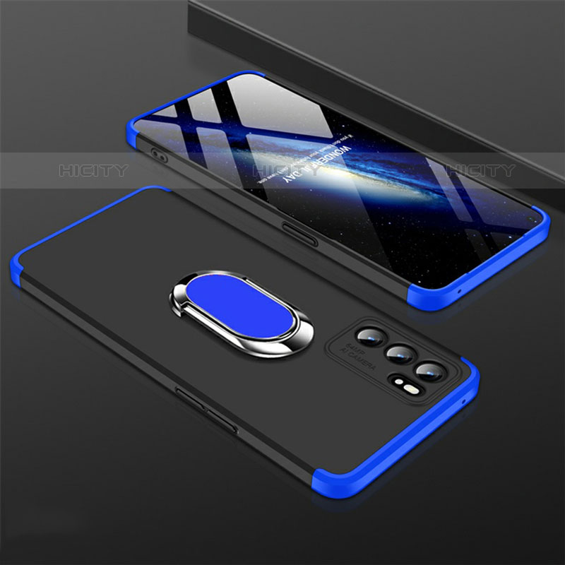 Funda Dura Plastico Rigida Carcasa Mate con Magnetico Anillo de dedo Soporte GK1 para Oppo Reno6 Pro 5G India Azul y Negro