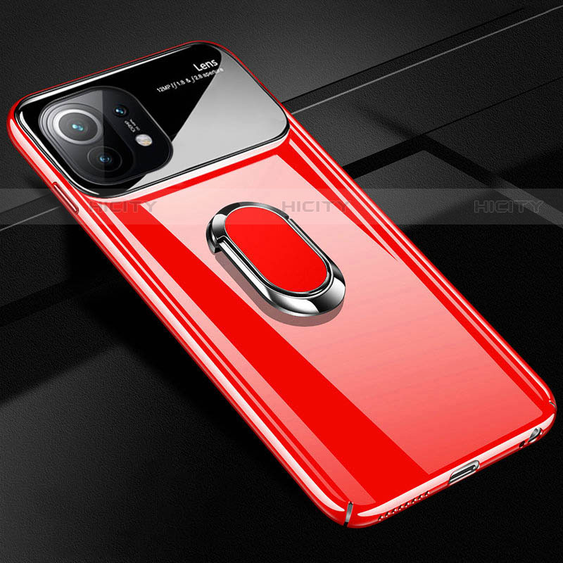 Funda Dura Plastico Rigida Carcasa Mate con Magnetico Anillo de dedo Soporte P01 para Xiaomi Mi 11 Lite 5G NE Rojo