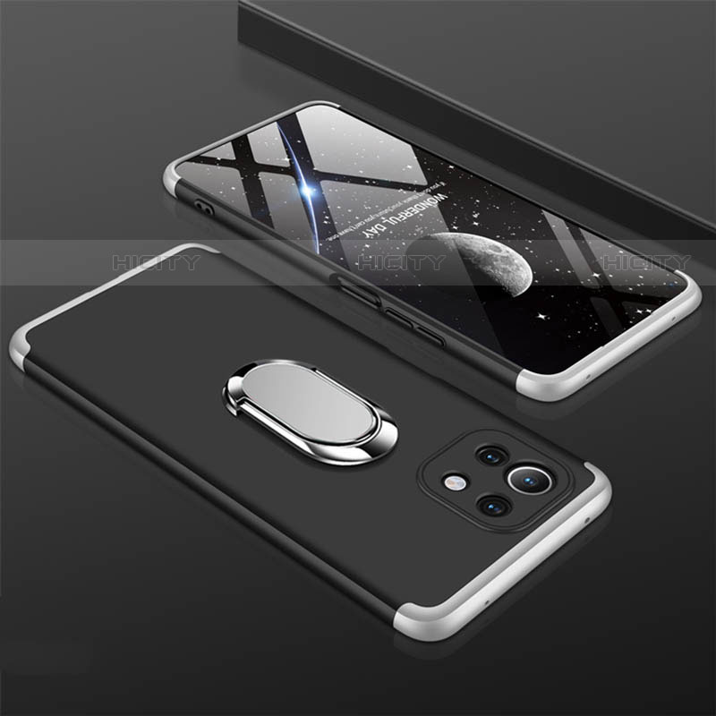 Funda Dura Plastico Rigida Carcasa Mate con Magnetico Anillo de dedo Soporte P02 para Xiaomi Mi 11 5G Plata y Negro