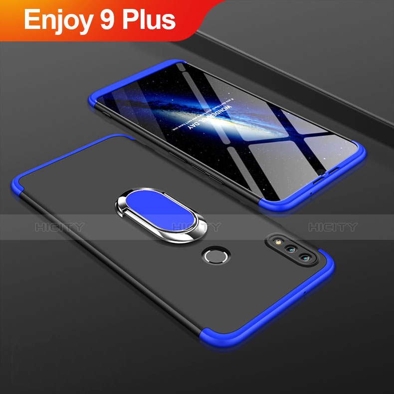 Funda Dura Plastico Rigida Carcasa Mate Frontal y Trasera 360 Grados con Anillo de dedo Soporte para Huawei Enjoy 9 Plus Azul y Negro