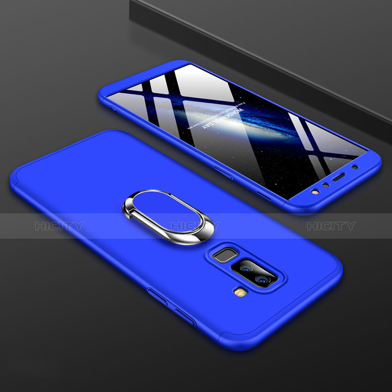 Funda Dura Plastico Rigida Carcasa Mate Frontal y Trasera 360 Grados con Anillo de dedo Soporte para Samsung Galaxy A6 Plus Azul