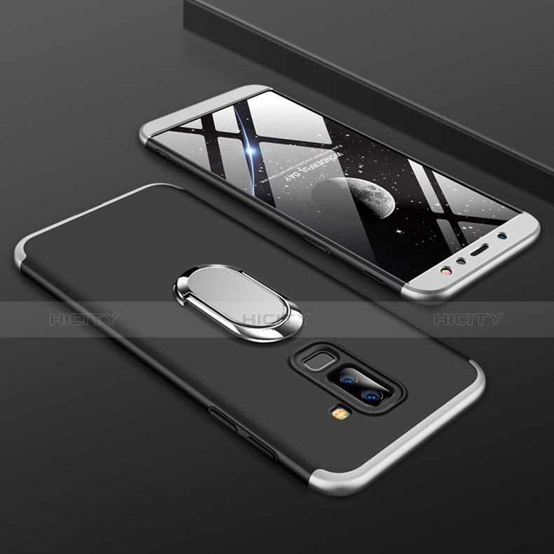 Funda Dura Plastico Rigida Carcasa Mate Frontal y Trasera 360 Grados con Anillo de dedo Soporte para Samsung Galaxy A6 Plus Plata