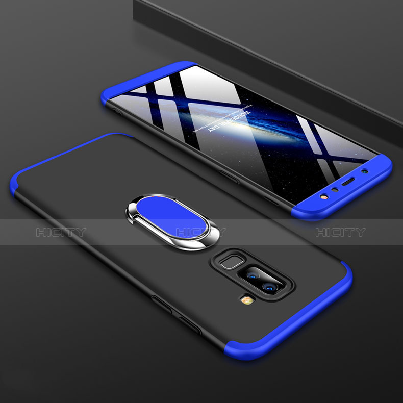 Funda Dura Plastico Rigida Carcasa Mate Frontal y Trasera 360 Grados con Anillo de dedo Soporte para Samsung Galaxy A9 Star Lite Azul y Negro