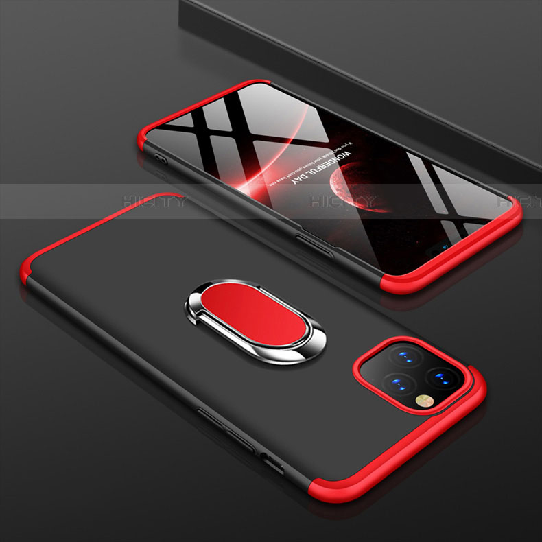 Funda Dura Plastico Rigida Carcasa Mate Frontal y Trasera 360 Grados con Anillo de dedo Soporte R01 para Apple iPhone 11 Pro Max Rojo y Negro