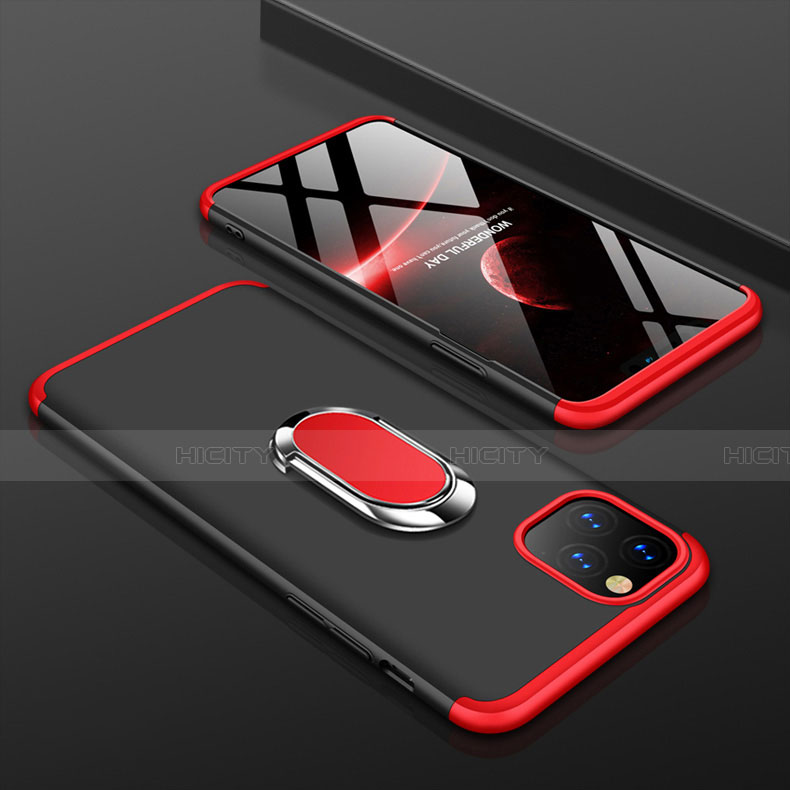 Funda Dura Plastico Rigida Carcasa Mate Frontal y Trasera 360 Grados con Anillo de dedo Soporte R01 para Apple iPhone 11 Pro Rojo y Negro
