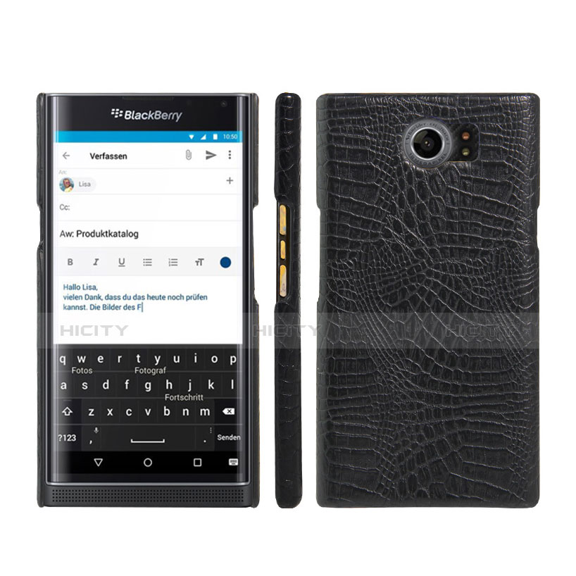 Funda Dura Plastico Rigida de Cuero para Blackberry Priv Negro