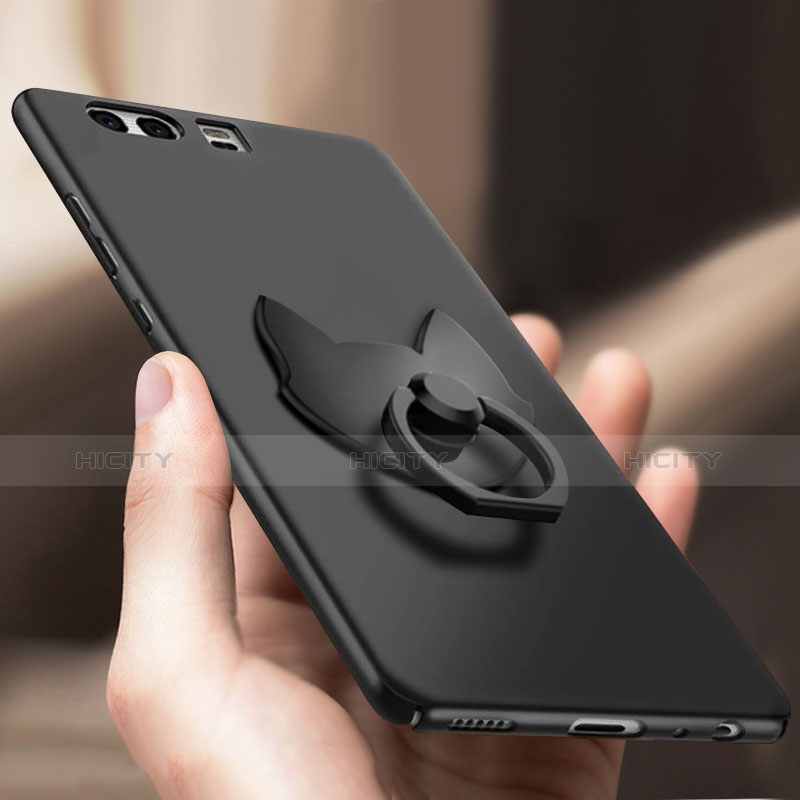 Funda Dura Plastico Rigida Mate con Anillo de dedo Soporte A04 para Huawei P10 Negro