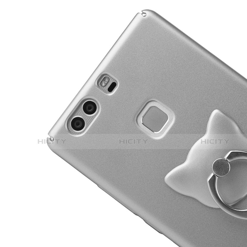 Funda Dura Plastico Rigida Mate con Anillo de dedo Soporte para Huawei P9 Plus Plata