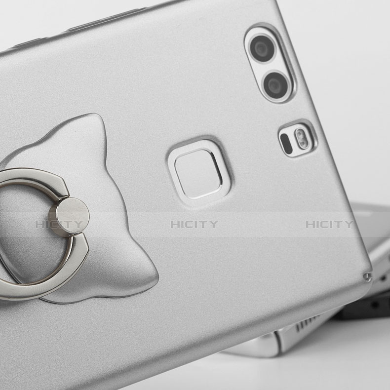 Funda Dura Plastico Rigida Mate con Anillo de dedo Soporte para Huawei P9 Plus Plata