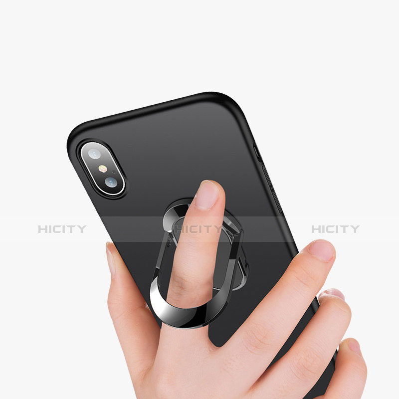 Funda Dura Plastico Rigida Mate con Anillo de dedo Soporte T01 para Apple iPhone Xs Max Negro