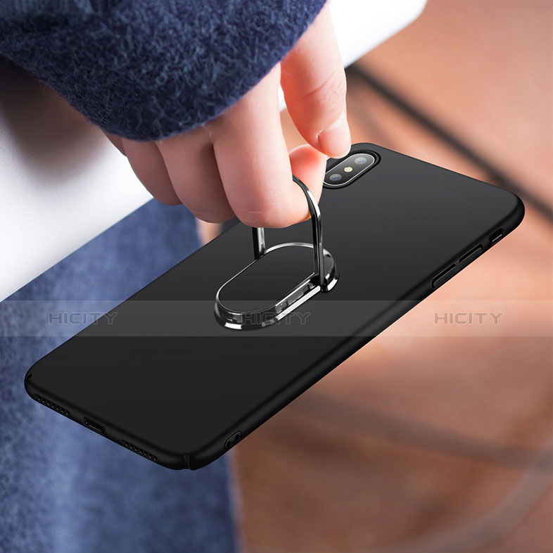Funda Dura Plastico Rigida Mate con Anillo de dedo Soporte T01 para Apple iPhone Xs Max Negro