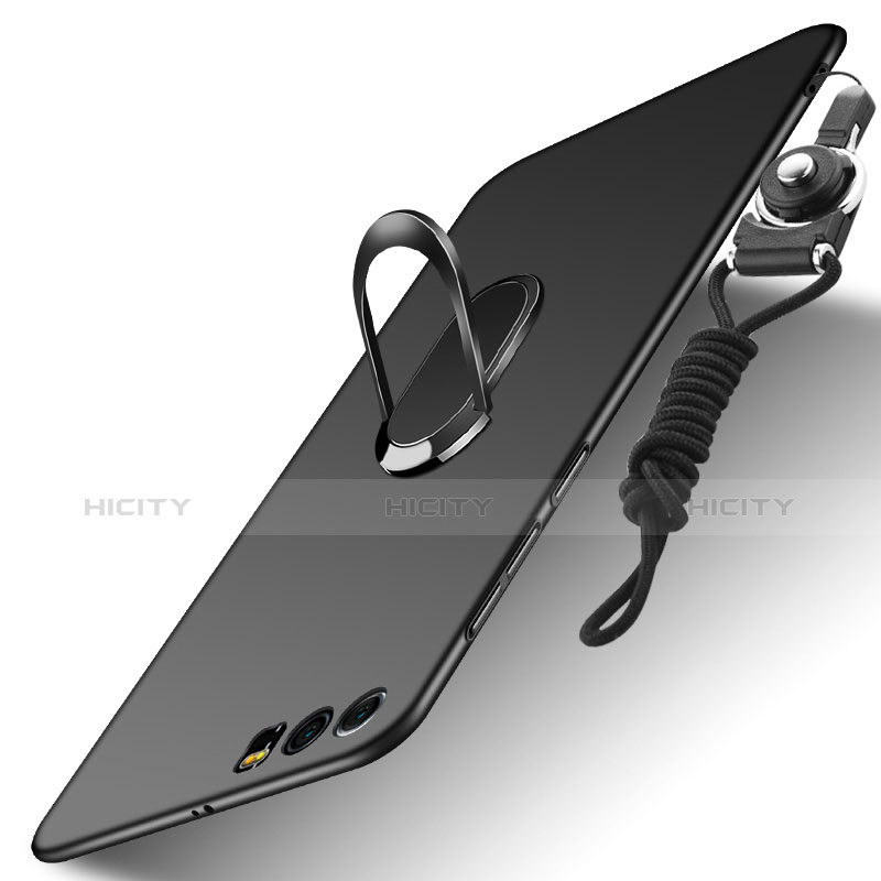 Funda Dura Plastico Rigida Mate con Anillo de dedo Soporte y Lanyard para Huawei Honor 9 Premium Negro