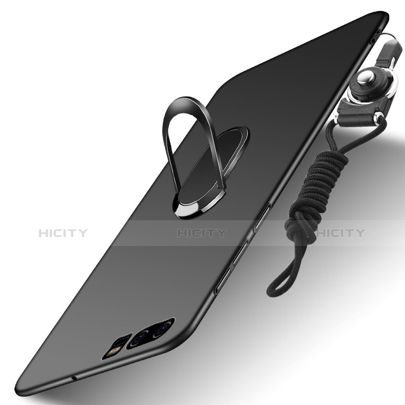 Funda Dura Plastico Rigida Mate con Anillo de dedo Soporte y Lanyard para Huawei P10 Negro