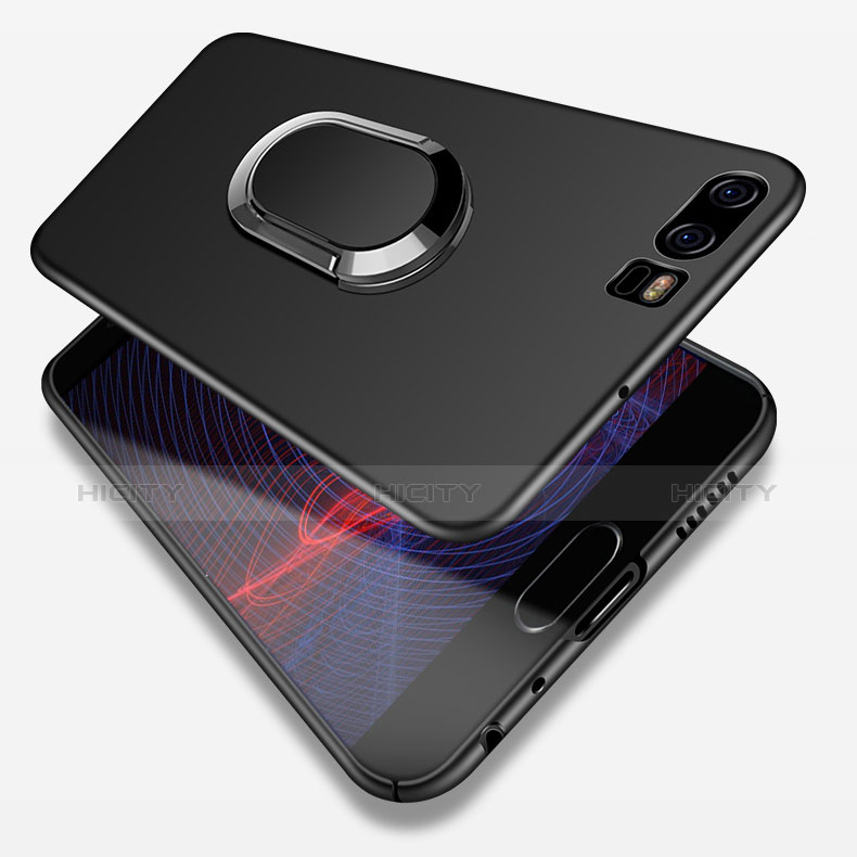 Funda Dura Plastico Rigida Mate con Anillo de dedo Soporte y Lanyard para Huawei P10 Negro