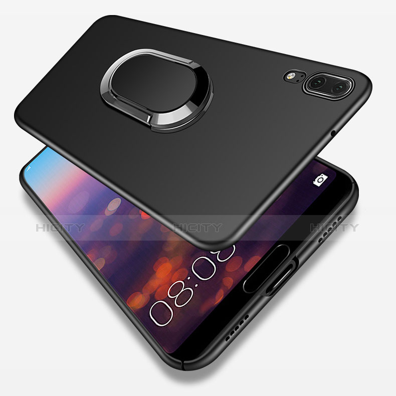 Funda Dura Plastico Rigida Mate con Anillo de dedo Soporte y Lanyard para Huawei P20 Negro