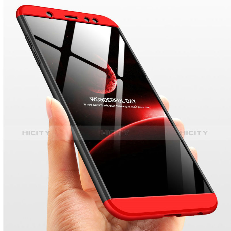 Funda Dura Plastico Rigida Mate Frontal y Trasera 360 Grados con Anillo de dedo Soporte Q01 para Samsung Galaxy A6 Plus Rojo y Negro