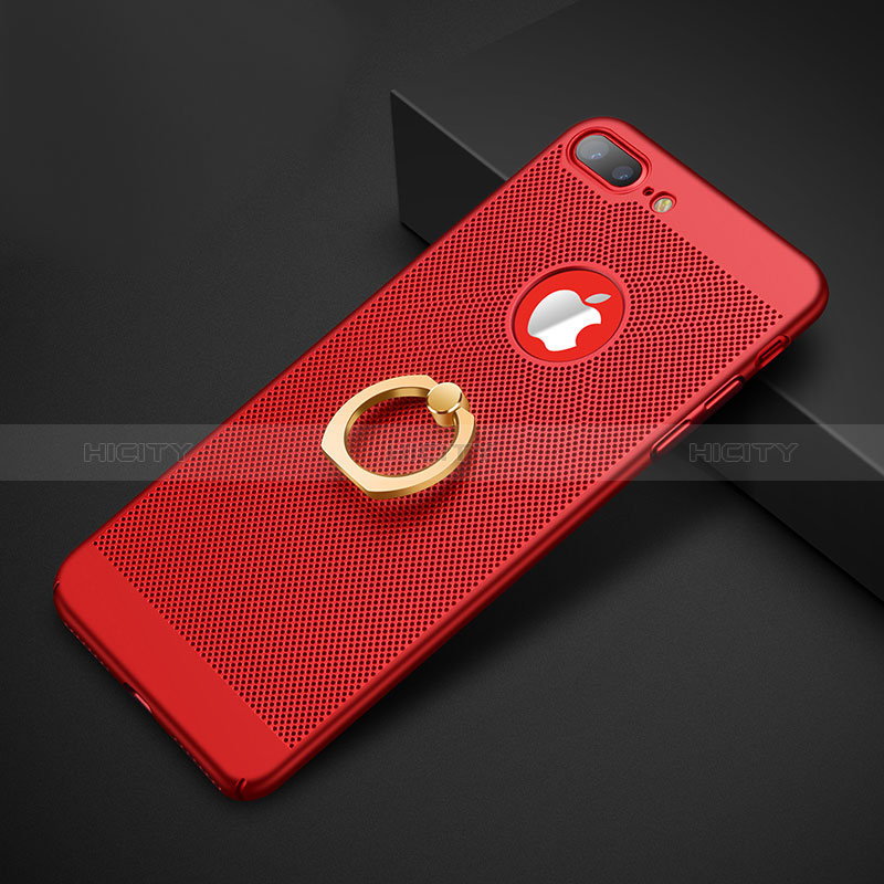 Funda Dura Plastico Rigida Perforada con Anillo de dedo Soporte para Apple iPhone 8 Plus Rojo