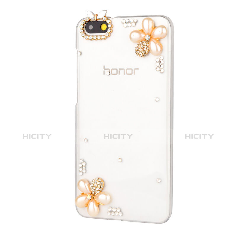 Funda Dura Rigida Lujo Diamante Brillante Flores para Huawei Honor 4X Blanco