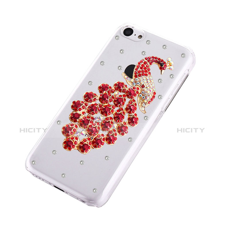Funda Dura Rigida Lujo Diamante Brillante Pavo real para Apple iPhone 5C Rojo