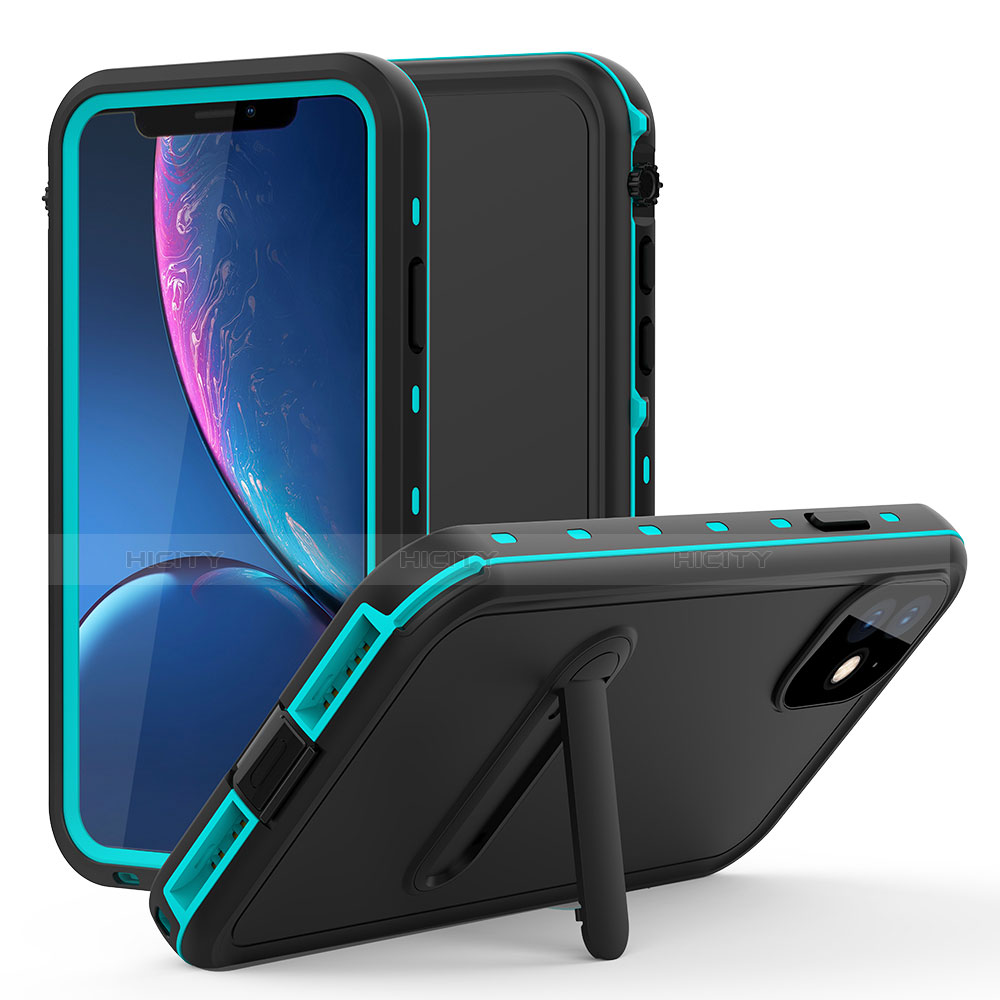Funda Impermeable Bumper Silicona y Plastico Waterproof Carcasa 360 Grados con Soporte para Apple iPhone 11 Cian