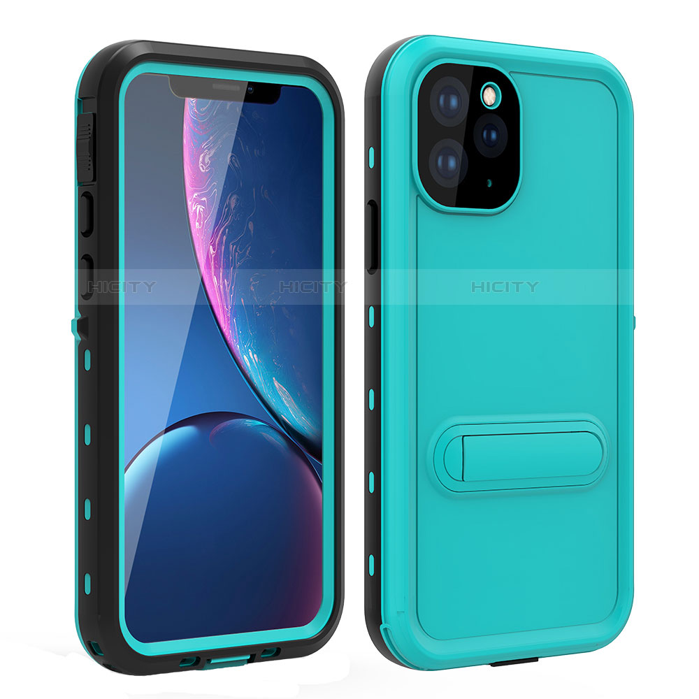 Funda Impermeable Bumper Silicona y Plastico Waterproof Carcasa 360 Grados con Soporte para Apple iPhone 11 Pro Cian