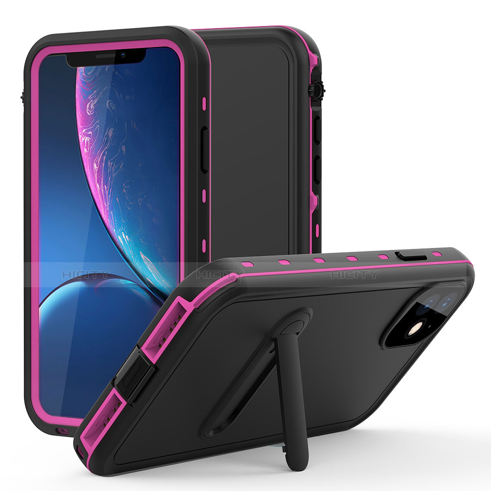 Funda Impermeable Bumper Silicona y Plastico Waterproof Carcasa 360 Grados con Soporte para Apple iPhone 11 Rosa Roja