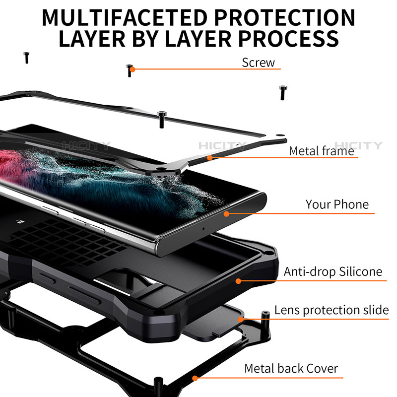 Funda Impermeable Bumper Silicona y Plastico Waterproof Carcasa 360 Grados con Soporte T01 para Samsung Galaxy S22 Ultra 5G