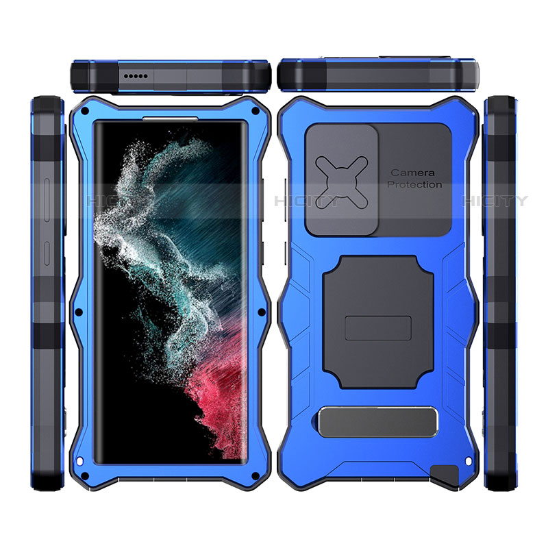 Funda Impermeable Bumper Silicona y Plastico Waterproof Carcasa 360 Grados con Soporte T02 para Samsung Galaxy S21 Ultra 5G Azul
