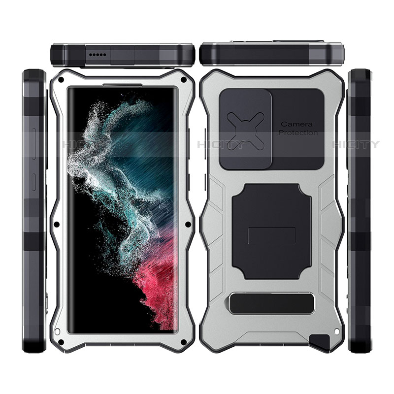 Funda Impermeable Bumper Silicona y Plastico Waterproof Carcasa 360 Grados con Soporte T02 para Samsung Galaxy S21 Ultra 5G Plata