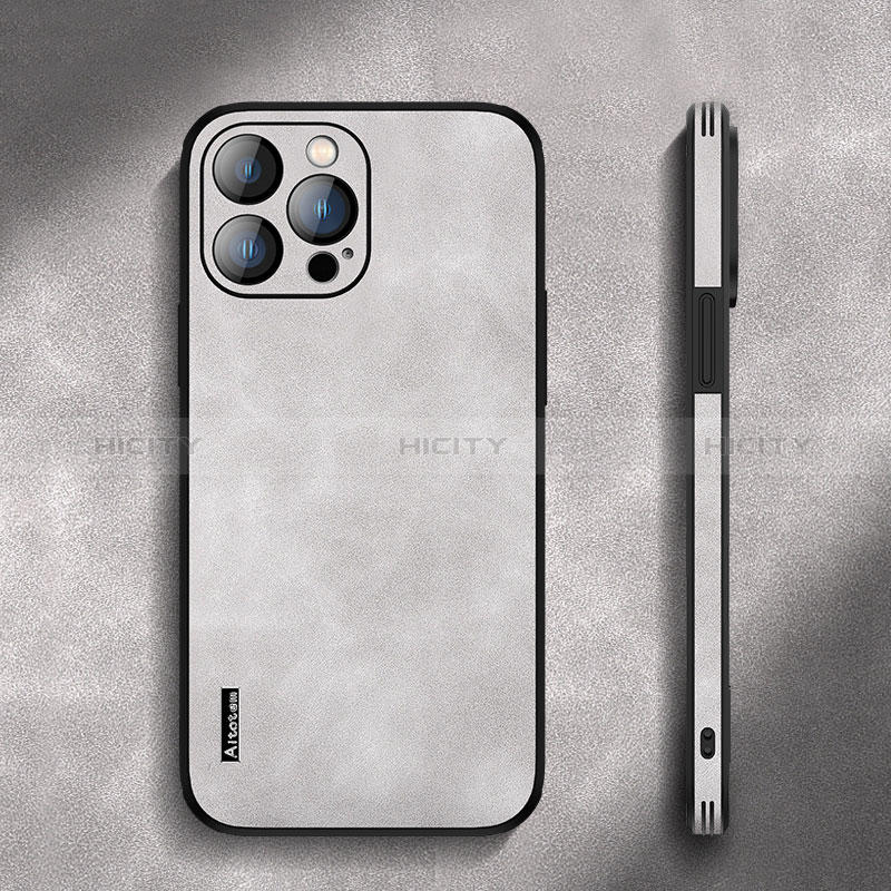 Funda Lujo Cuero Carcasa AT3 para Apple iPhone 13 Pro Max Gris