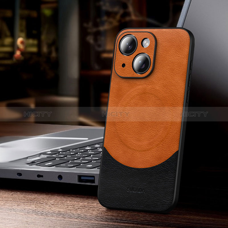 Funda Lujo Cuero Carcasa con Mag-Safe Magnetic LD4 para Apple iPhone 14 Plus Naranja