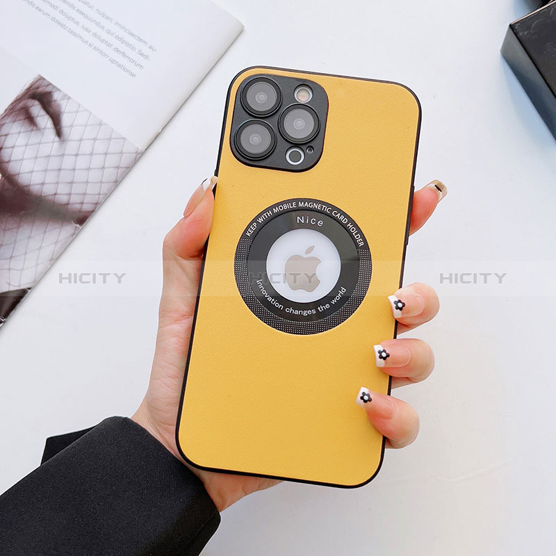 Funda Lujo Cuero Carcasa con Mag-Safe Magnetic QC3 para Apple iPhone 14 Pro Amarillo