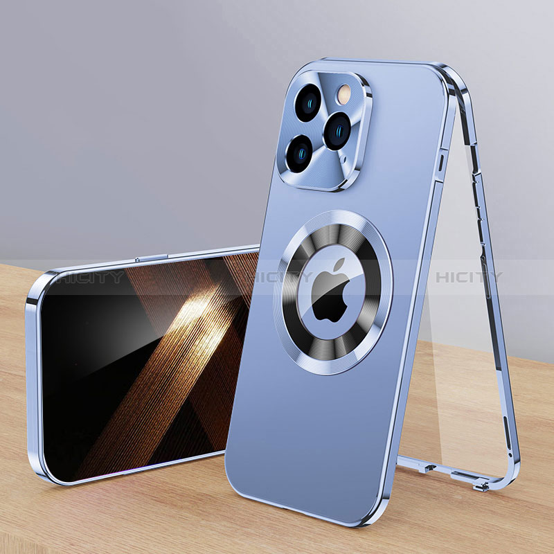 Funda Lujo Marco de Aluminio Carcasa 360 Grados con Mag-Safe Magnetic P01 para Apple iPhone 13 Pro Azul