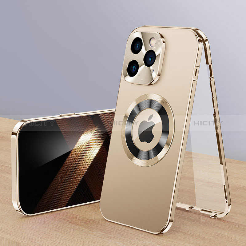 Funda Lujo Marco de Aluminio Carcasa 360 Grados con Mag-Safe Magnetic P01 para Apple iPhone 14 Pro Oro