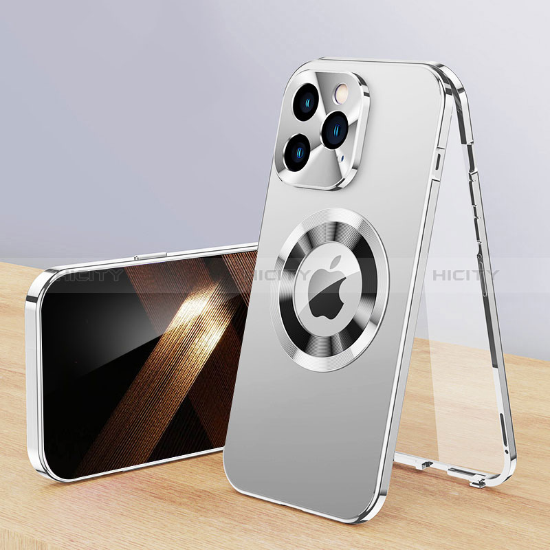 Funda Lujo Marco de Aluminio Carcasa 360 Grados con Mag-Safe Magnetic P01 para Apple iPhone 15 Pro Plata