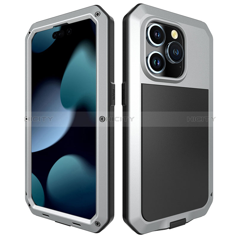 Funda Lujo Marco de Aluminio Carcasa 360 Grados HJ1 para Apple iPhone 14 Pro Plata
