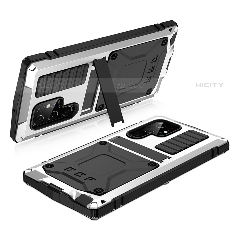 Funda Lujo Marco de Aluminio Carcasa 360 Grados M05 para Samsung Galaxy S22 Ultra 5G Plata