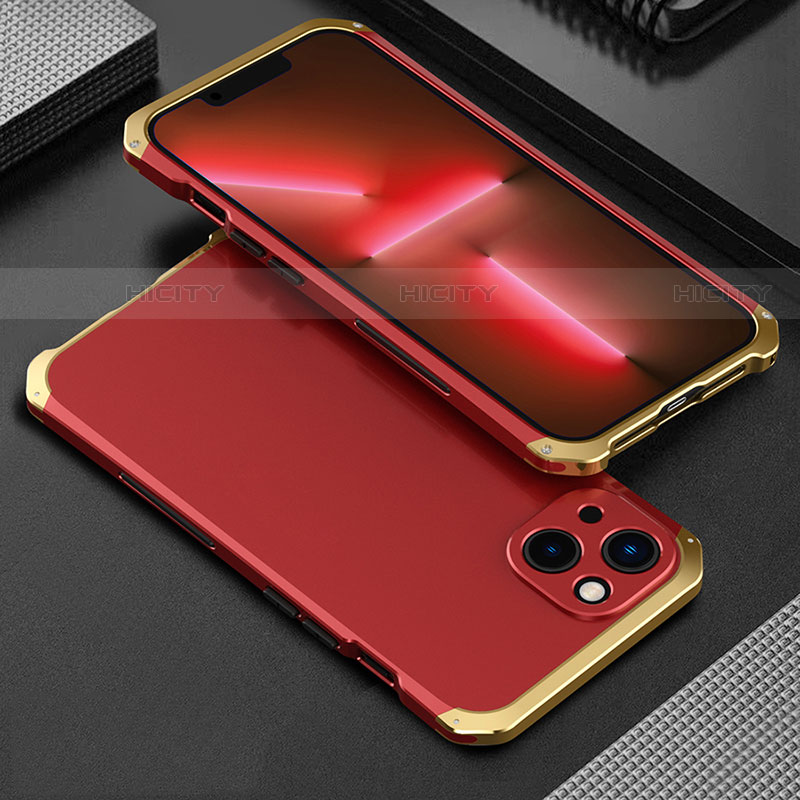 Funda Lujo Marco de Aluminio Carcasa 360 Grados para Apple iPhone 13 Mini Oro y Rojo