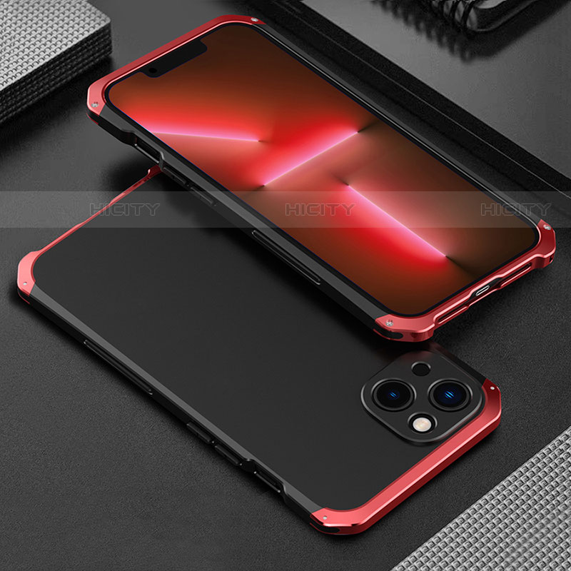 Funda Lujo Marco de Aluminio Carcasa 360 Grados para Apple iPhone 13 Mini Rojo y Negro