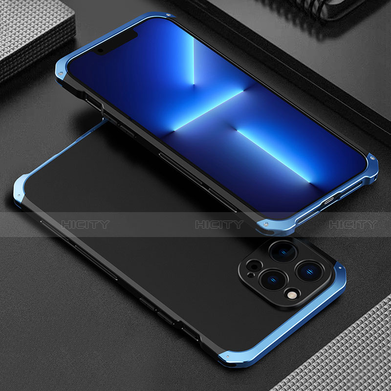 Funda Lujo Marco de Aluminio Carcasa 360 Grados para Apple iPhone 13 Pro Max Azul y Negro