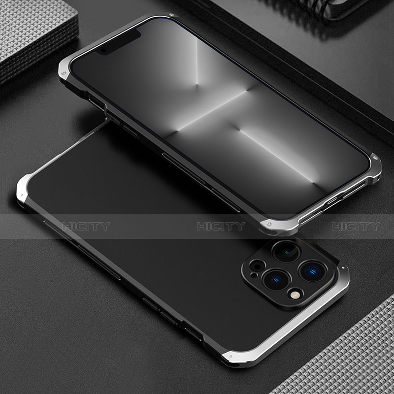 Funda Lujo Marco de Aluminio Carcasa 360 Grados para Apple iPhone 13 Pro Max Plata y Negro