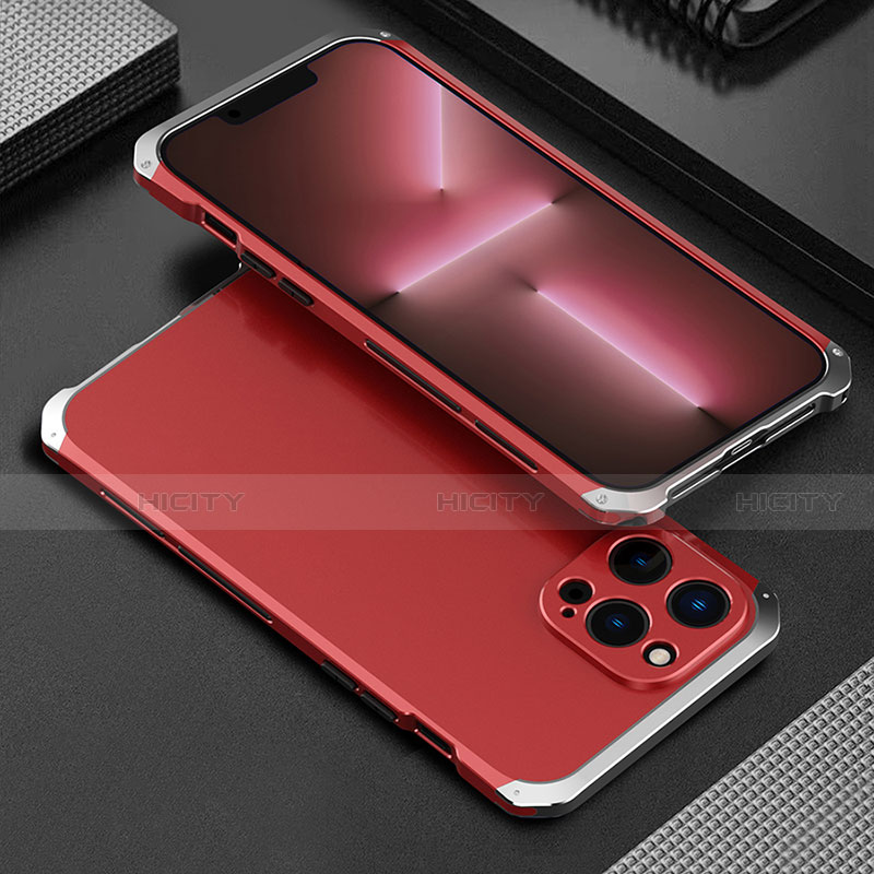 Funda Lujo Marco de Aluminio Carcasa 360 Grados para Apple iPhone 13 Pro Max Plata y Rojo