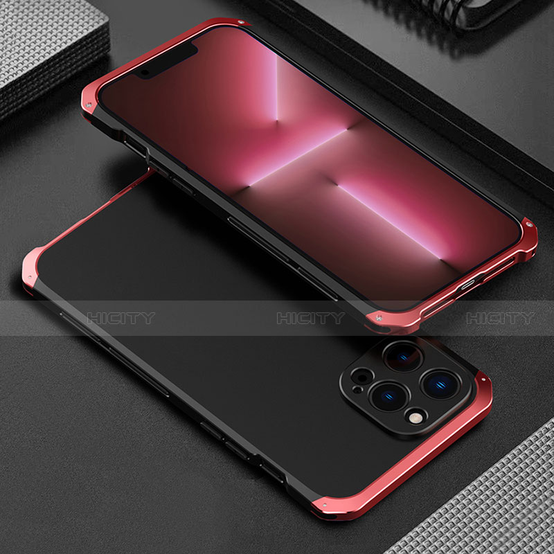 Funda Lujo Marco de Aluminio Carcasa 360 Grados para Apple iPhone 13 Pro Max Rojo y Negro