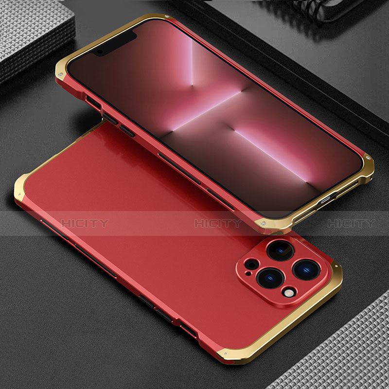 Funda Lujo Marco de Aluminio Carcasa 360 Grados para Apple iPhone 13 Pro Oro y Rojo